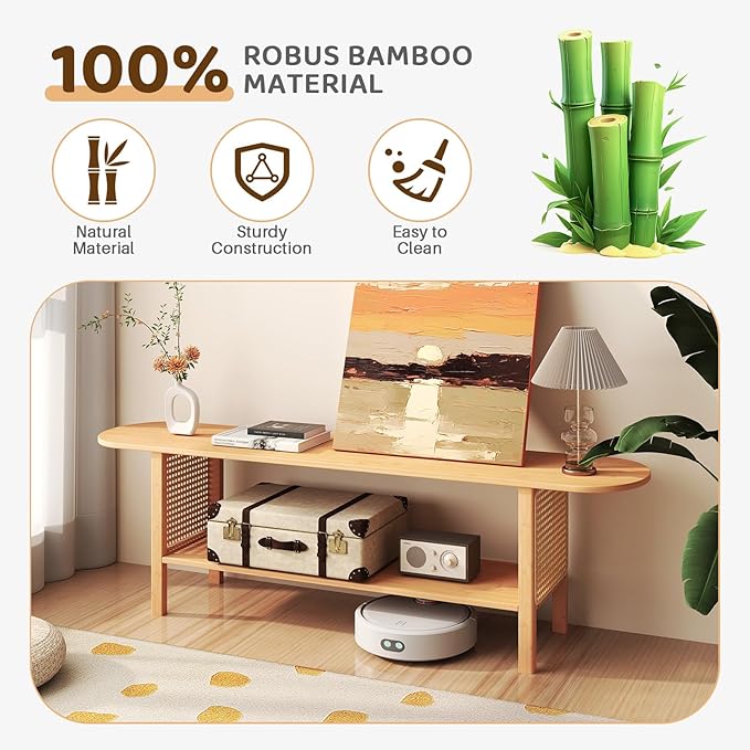 HollyHOME Bamboo TV Stand with Storage for TVs up to 65", Modern Enterta...