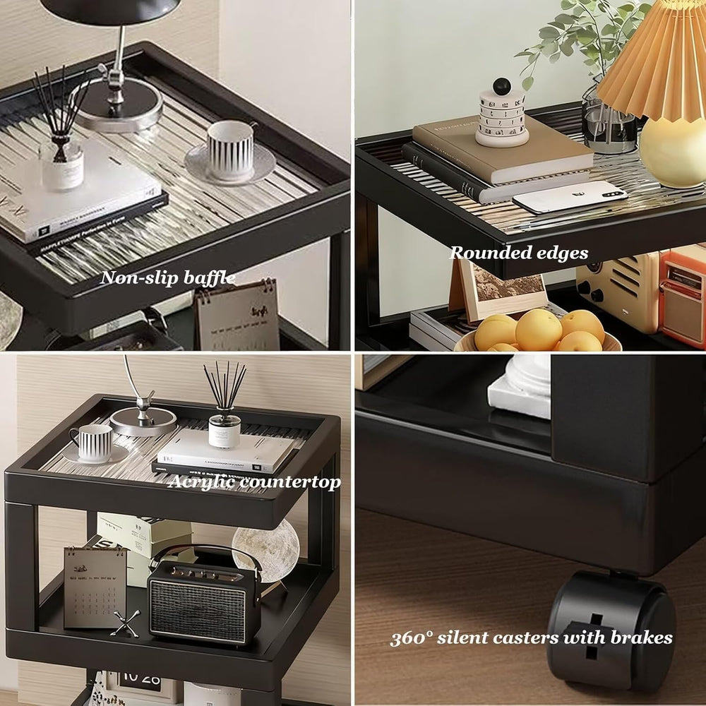 Bedroom Nightstand Cart Mobile Multi-Function Shelf with Lockable Casters, St...
