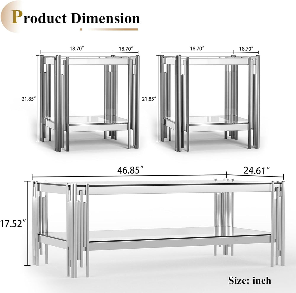 Modern Glass Coffee Table Set of 3, Luxury 2-Tier Clear Glass Coffee Table an...