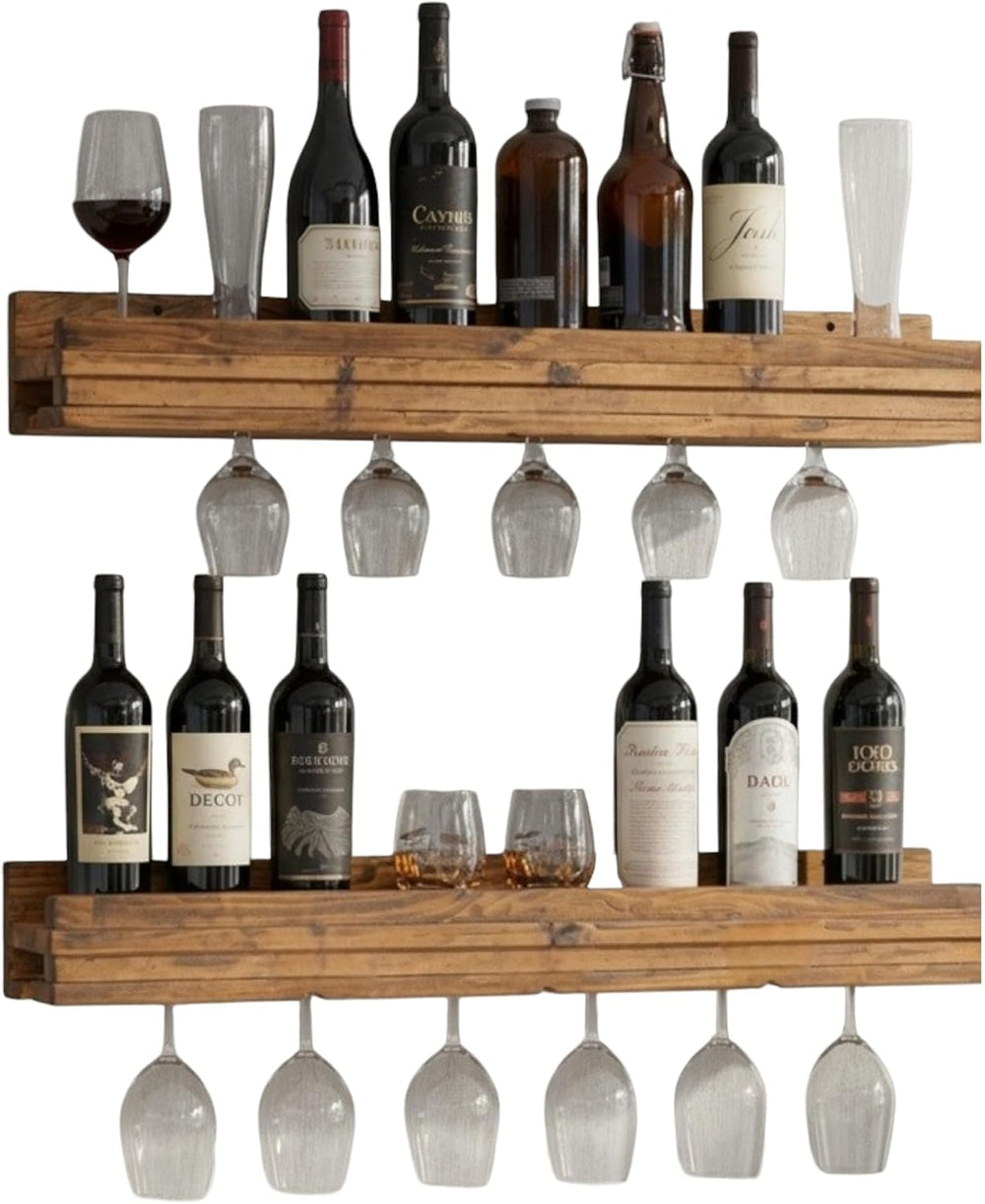 Wall Mounted Wine Rack 36" Set of 2, Solid Wood Stemware Shelves, Golden...