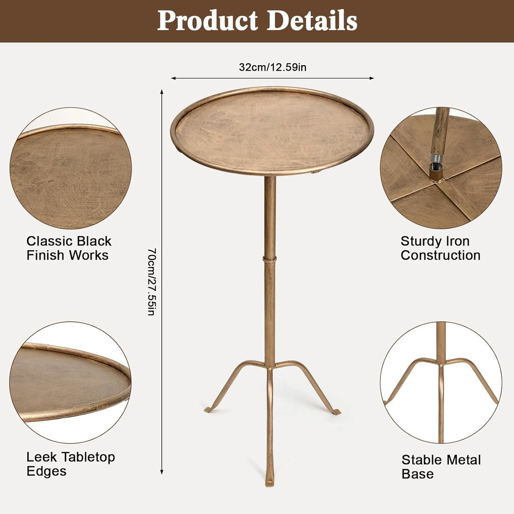 Metal Martini Side Table, Antique Brass – Compact Art Deco Design, Raised Edg...