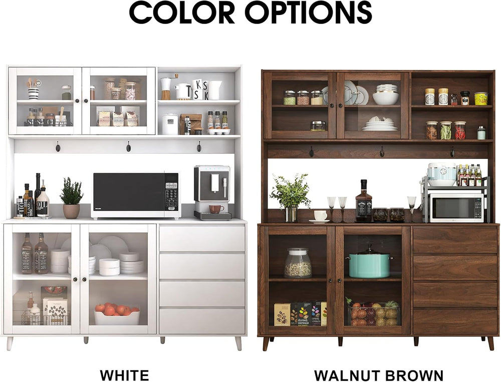 63" Large Kitchen Hutch Cabinet with 4 Doors, 4 Drawers and Microwave Sh...
