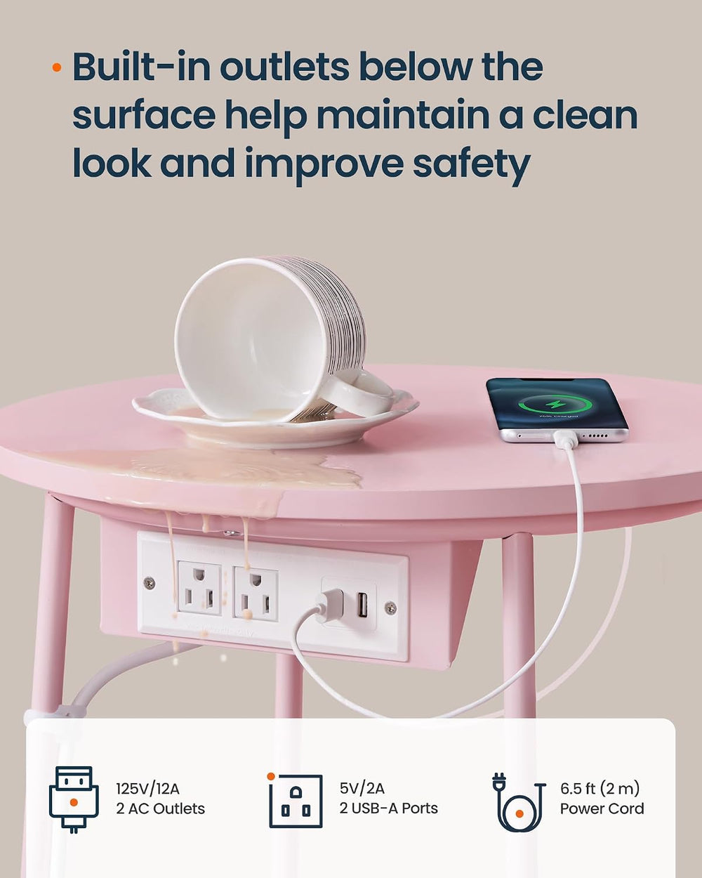 SONGMIC HOME Round Side End Table, Nightstand with Charging Station and Fabri...
