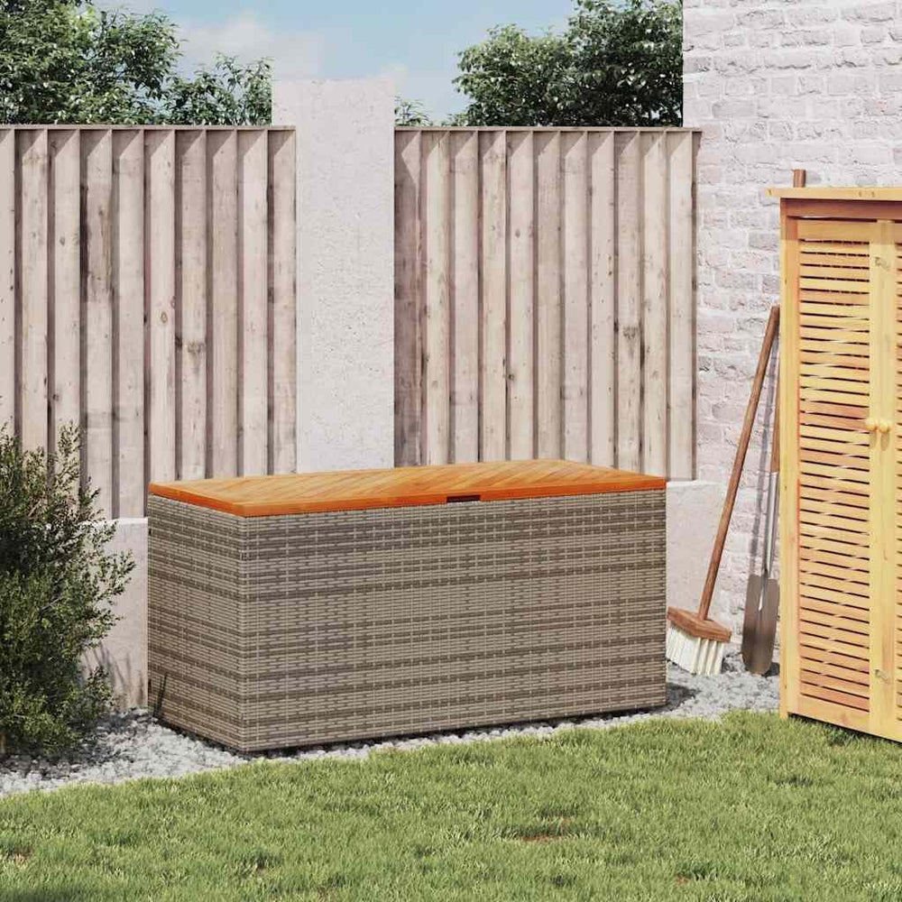 Modern Garden Storage Box Grey and Brown with PE Rattan and Acacia Wood for O...