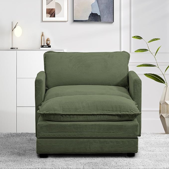 ROWHY Single Armchair with Ottoman, Modern Corduroy Cloud Couch with Converti...
