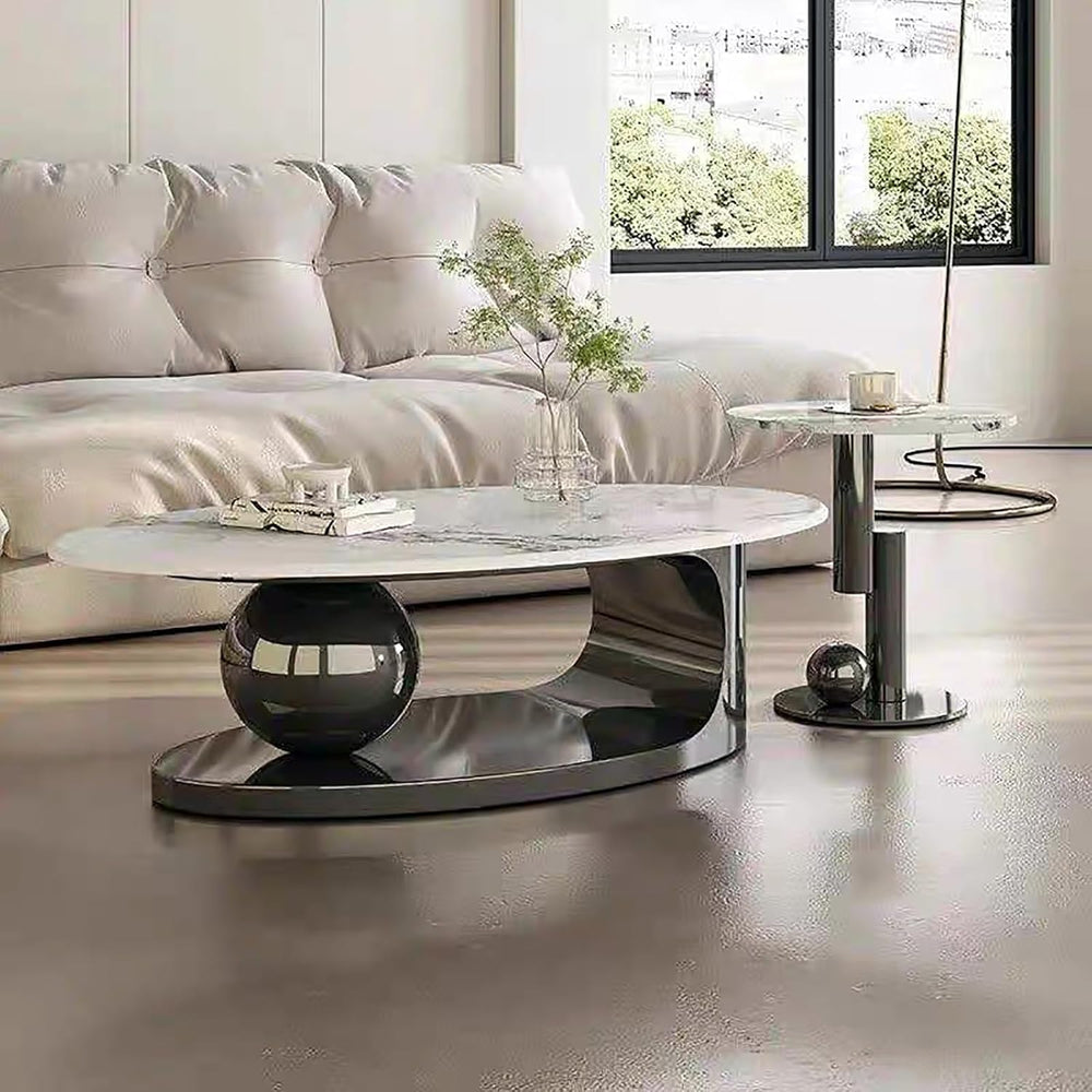 Modern Coffee Table Set of 2 - Stylish Black & Gold Oval Nesting Tables f...