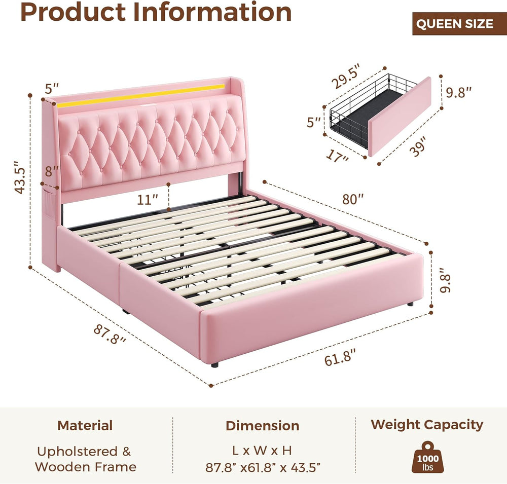Queen LED Velvet Bed Frame with 2 Storage Drawers&Hidden Headboard, Uphol...