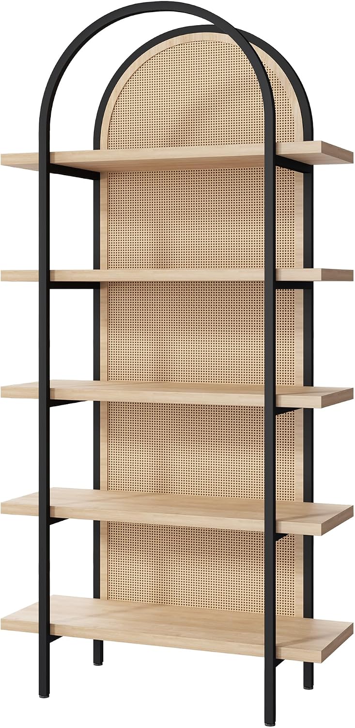 Yusong Bookshelf Rattan 5 Tier Arched Bookcase, 74" Tall Industrial Open...