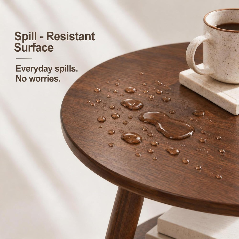 Small Round Side Table, 16.5" 2-Tier Solid Wood End Table, Walnut