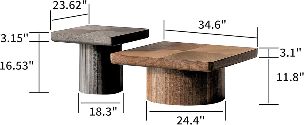 2-Piece Nesting Coffee Table Set, Square Parquet Top Sculptural Base Wood | N...