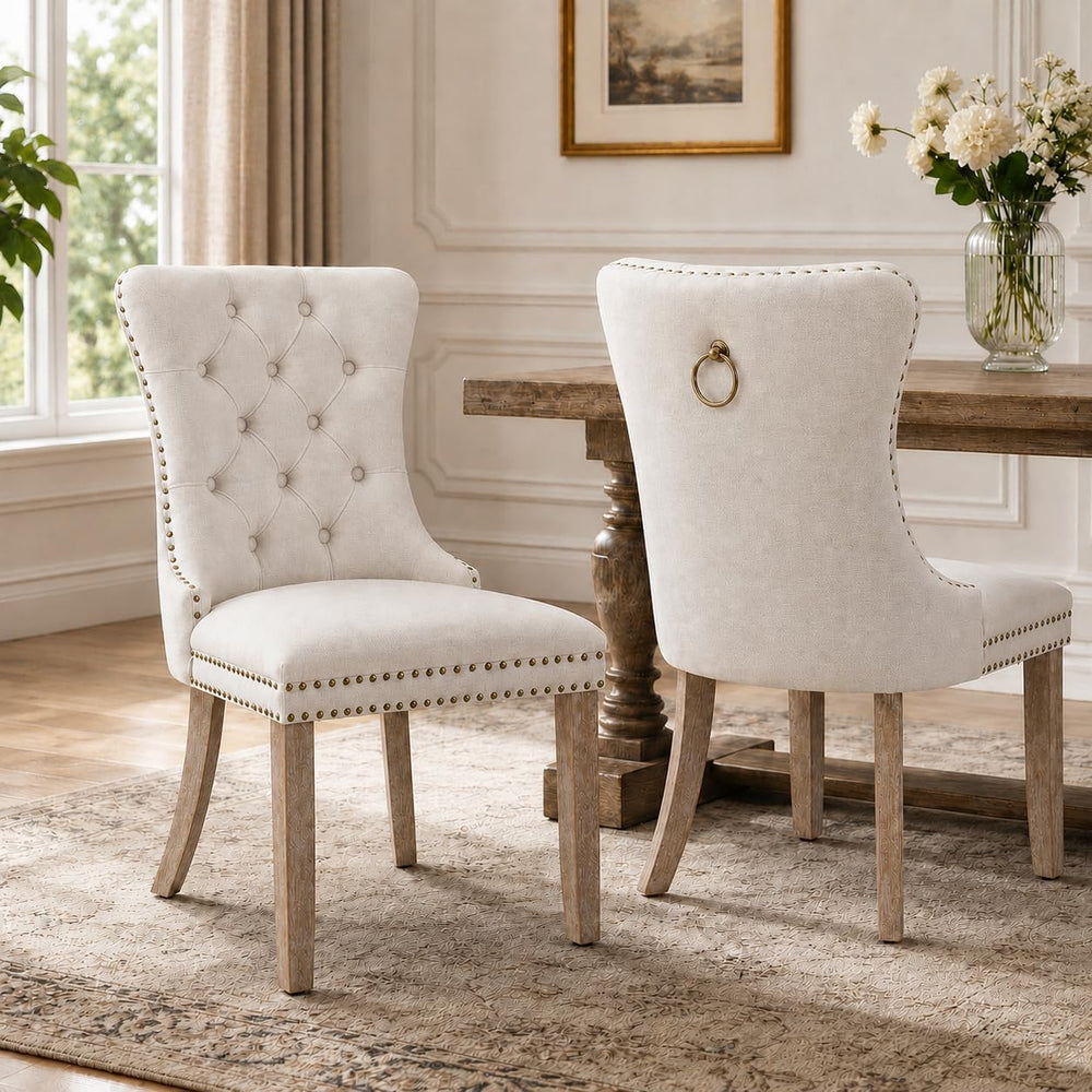 Modern Beige Upholstered Dining Chairs Set of 6 with Solid Wood Legs