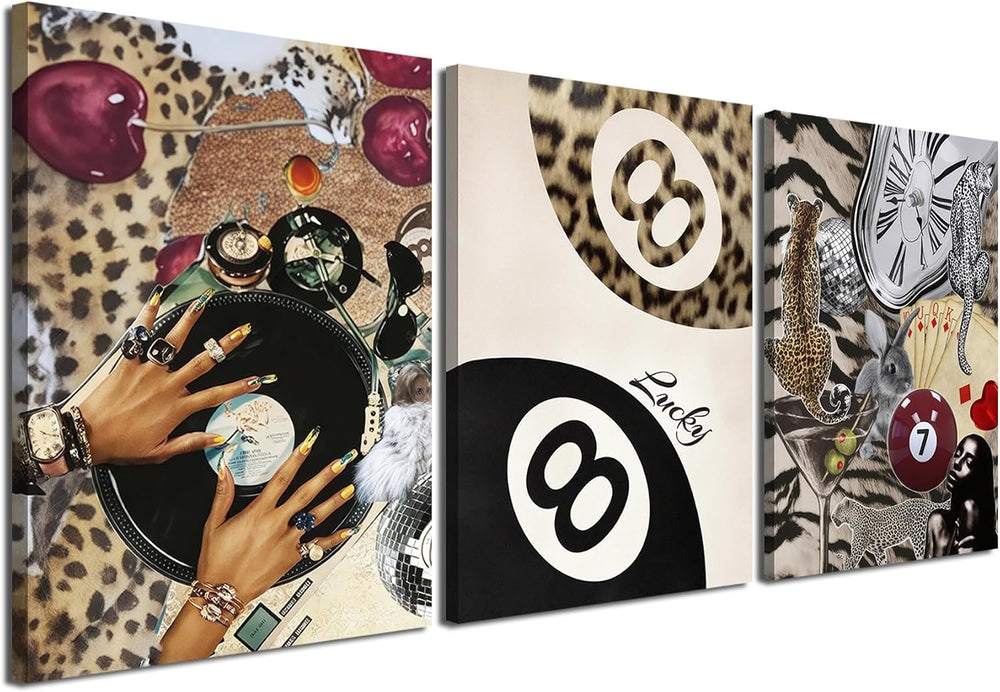 Fashion Cheetah Wall Art Set of 3 Leopard Wall Decor Pictures Lucky 8 Ball Po...