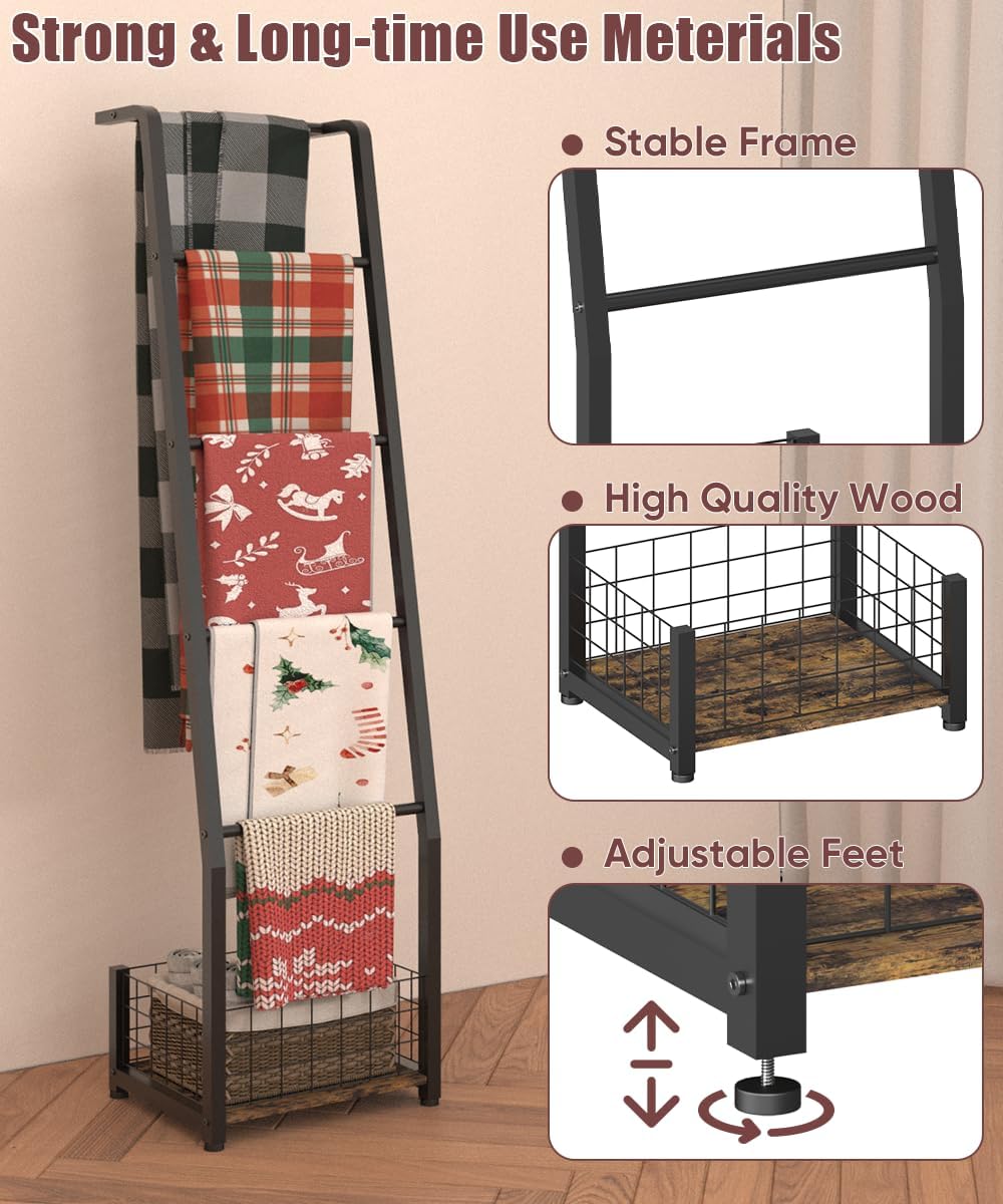 6.3ft Blanket Ladder with Storage Basket, 5 Tier Decorative Ladder Shelf Stan...
