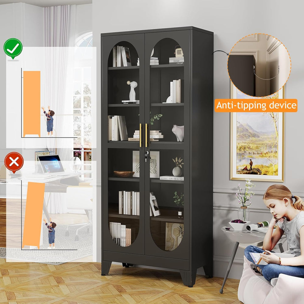 PAOFIN 75" H Locking Display Cabinet with Glass Door, Metal Curio Cabine...