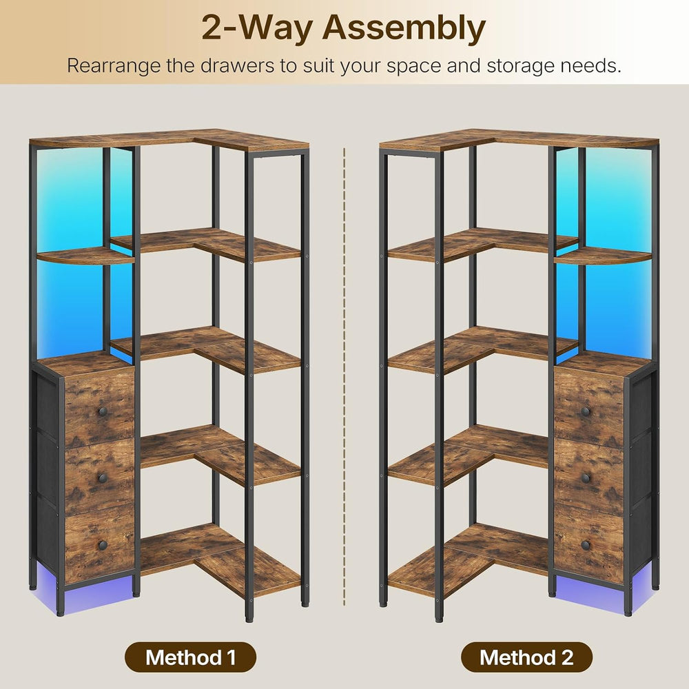 YATINEY Corner Bookshelf, 5-Tier L-Shaped Bookcase with 3 Fabric Drawers, Sto...