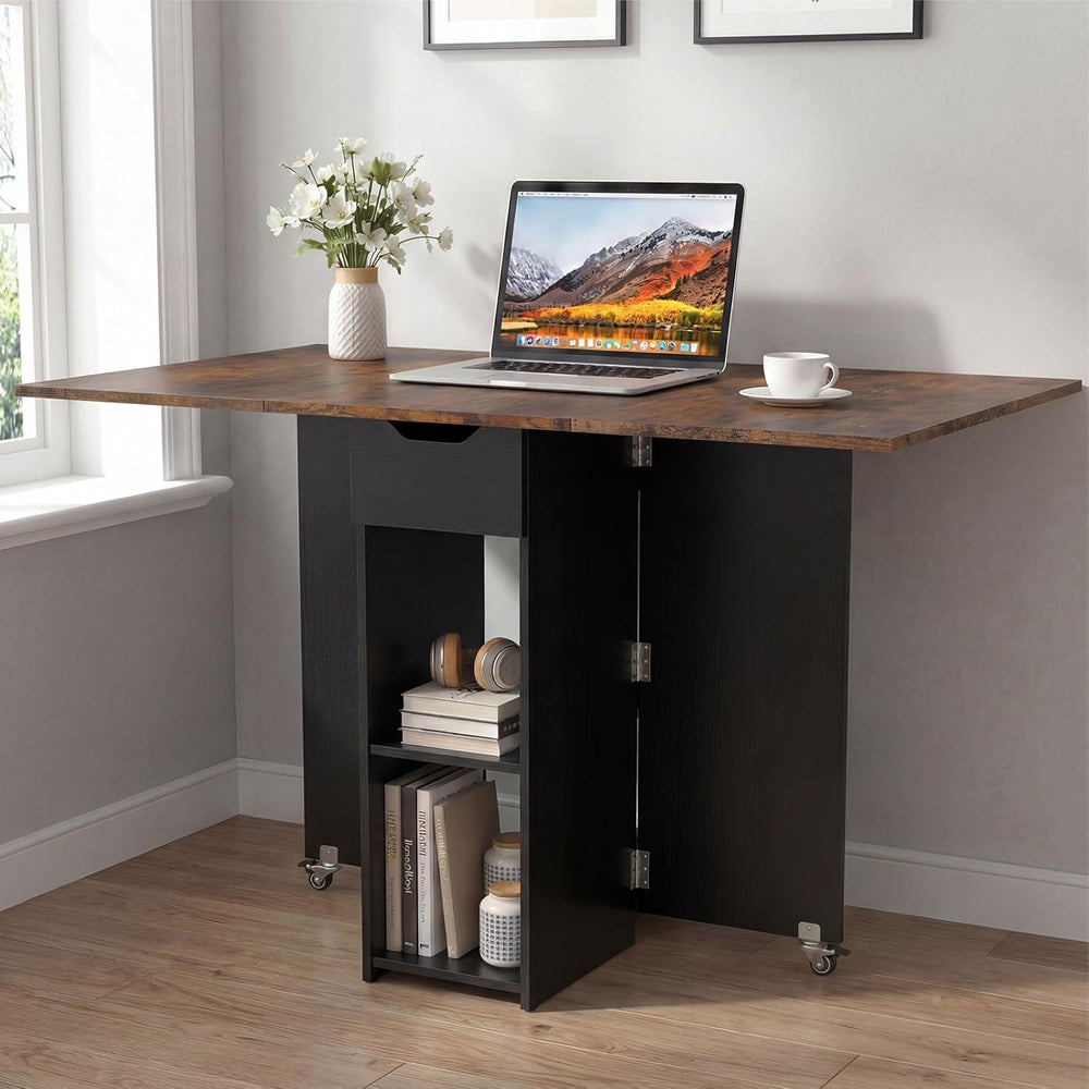 GOFLAME Drop Leaf Dining Table for 2-4, Folding Kitchen Table with Open Shelv...