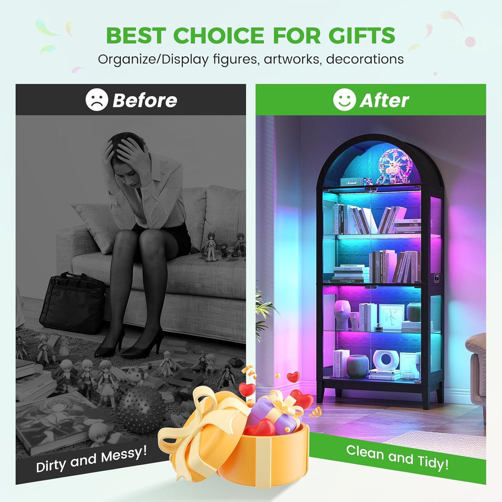 HNEBC Arched Display Case with RGB Lights, 69" Tall 5-Tier Tempered Glas...