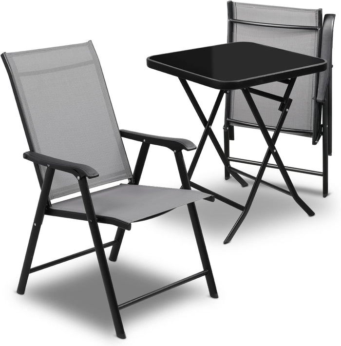 MoNiBloom 3 Piece Patio Bistro Dining Set, 2 Foldable Outdoor Chairs and Round Table w/Tempered Glass Tabletop for Balcony Lawn Garden Backyard