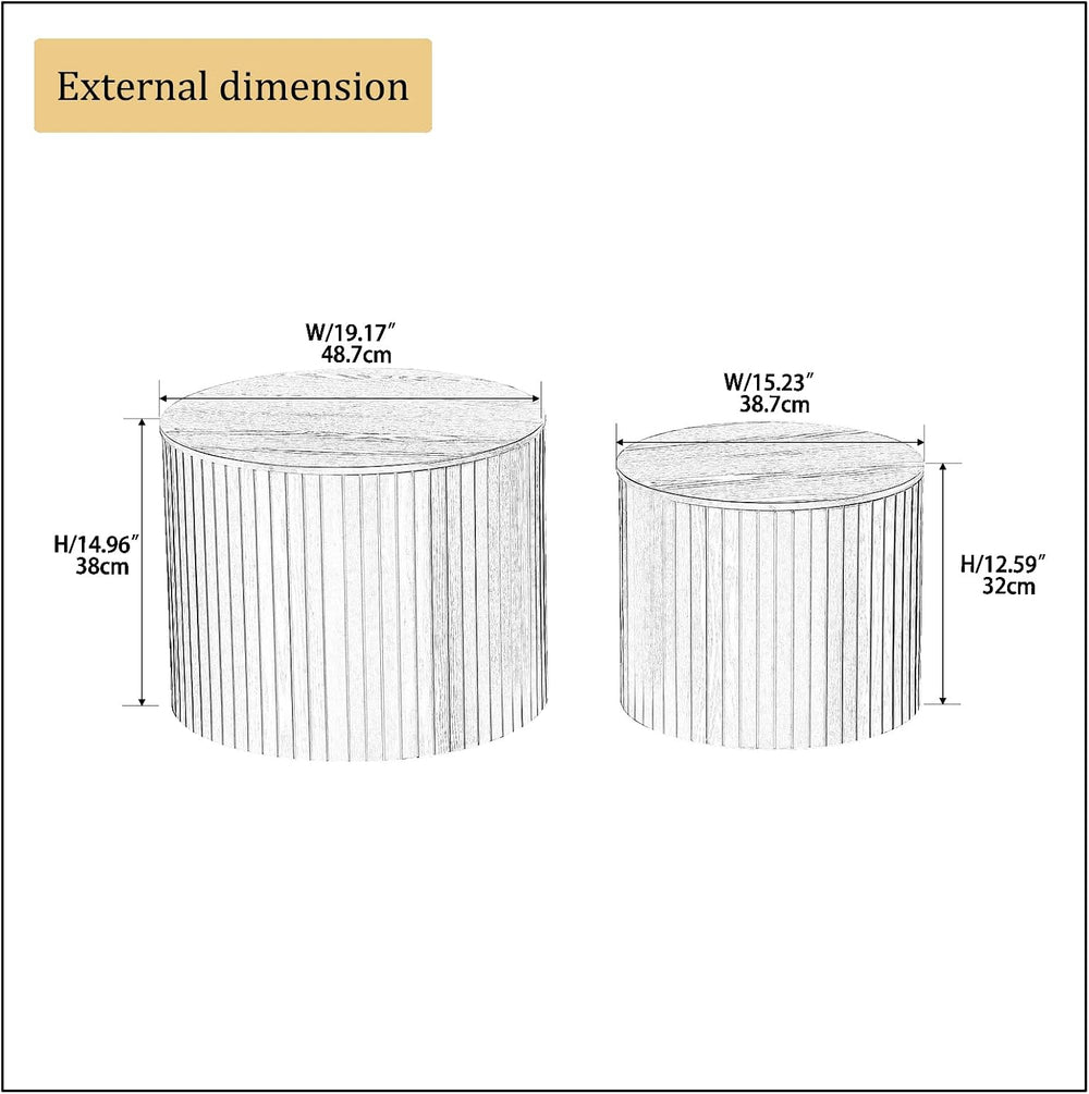 Round Nesting Coffee Table Set of 2, Wood Side Tables with Storage | Fluted W...