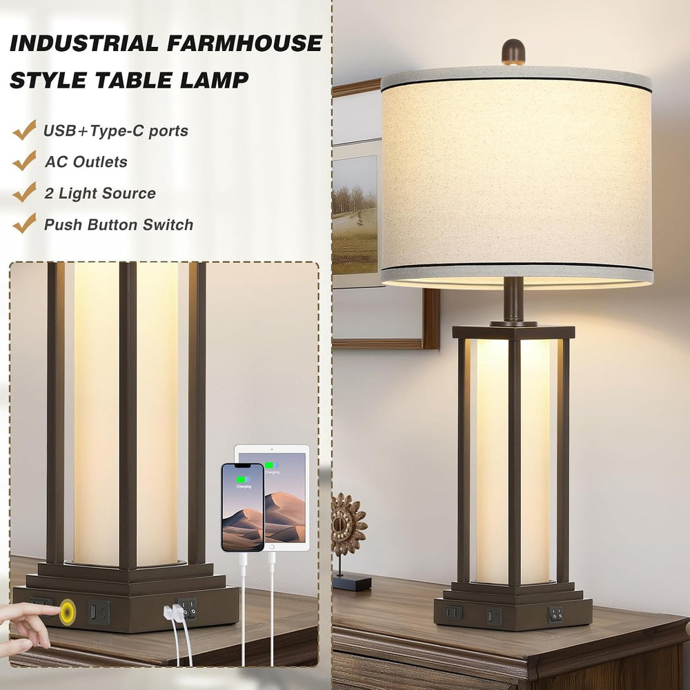 27in Tall Farmhouse Table Lamp Set of 2 with USB C+A & Outlet,Brown Indus...