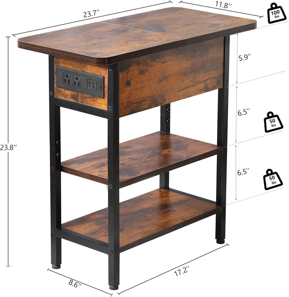 End Table with Charging Station, Narrow Side Table with USB Ports & Outle...