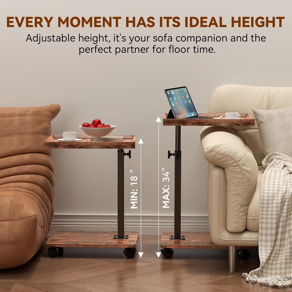 C Table Side Table Adjustable Height, 360°Swivel TV Tray Table with Wheels, S...