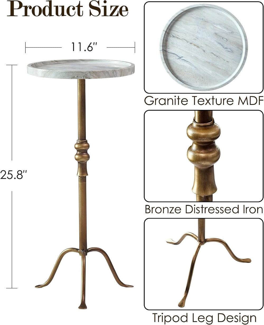 Brass Distressed Iron Round Pedestal End Table, 25 Inch Vintage Martini Cockt...
