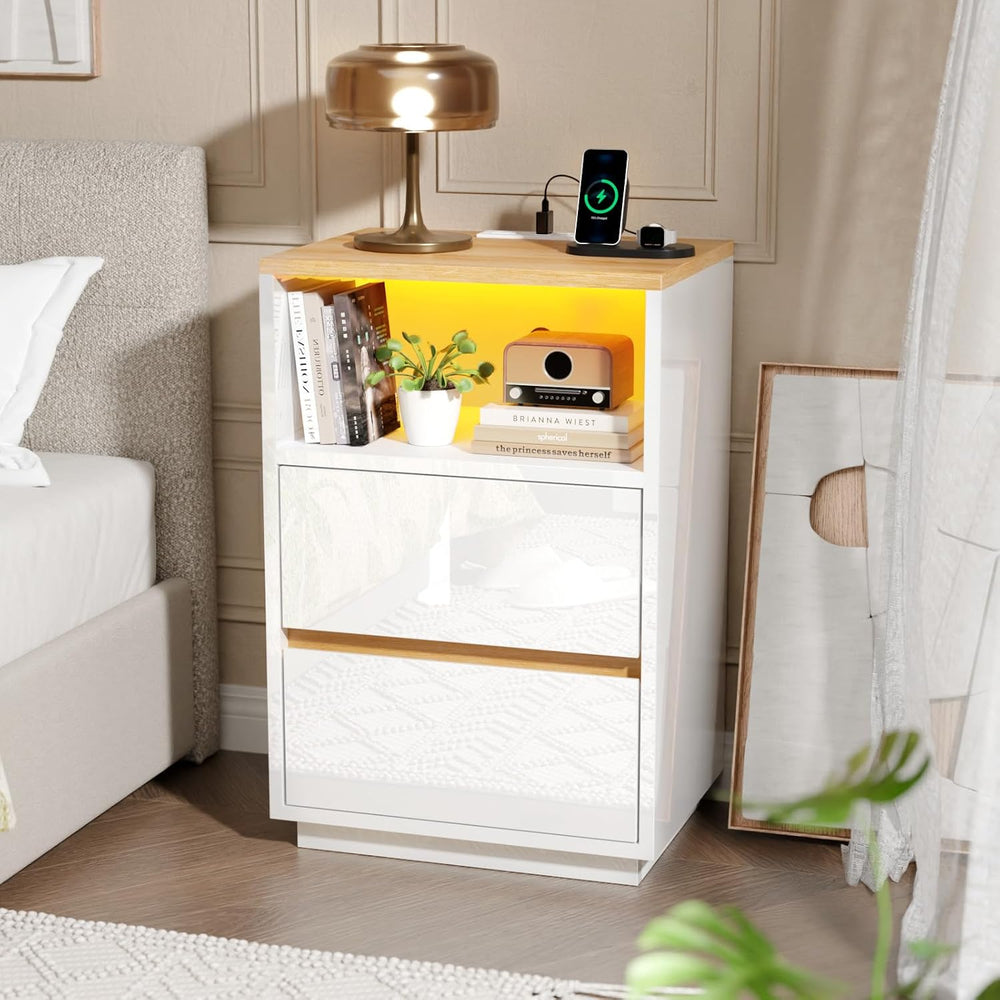 VINGLI White Nightstand with Charging Station, High Gloss Led Night Stand wit...