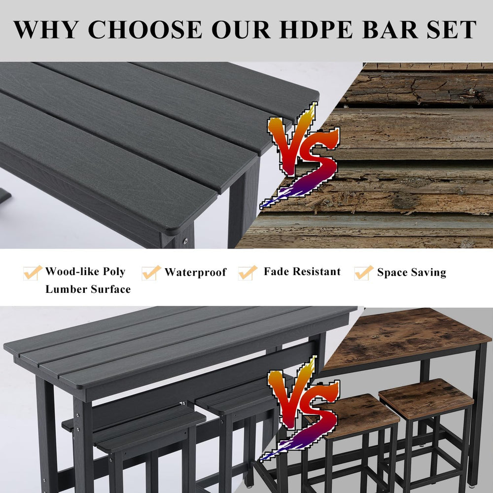 3 Pcs HDPE Outdoor Bar Set of 2 Includes Bar Height Table and Chairs, Patio B...