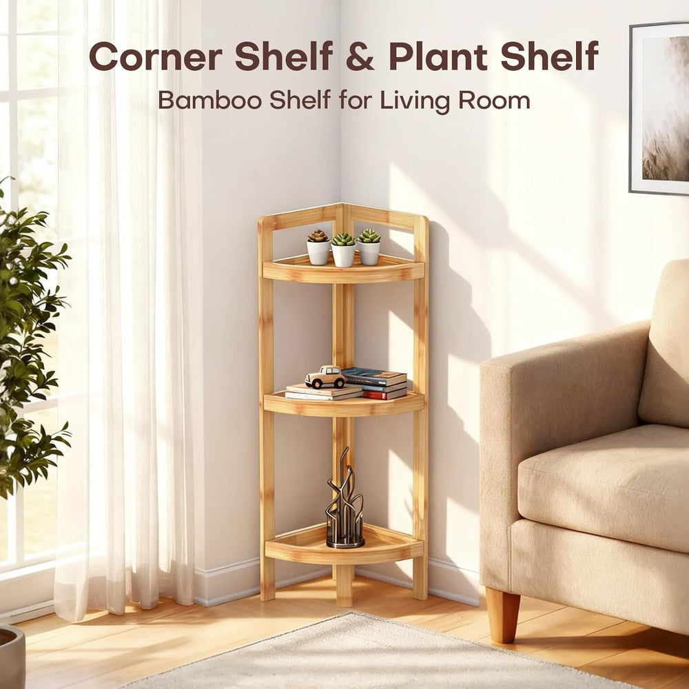 2026 New Bamboo Standing Shelf, 3 Tier Corner Shelf Stand, Free-Standing Shel...