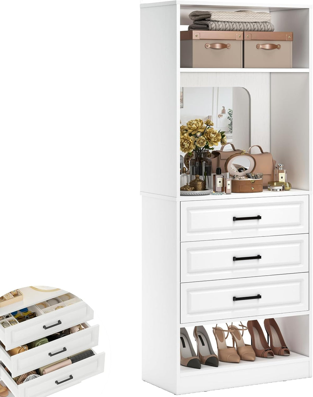 Unikito 25" Closet System with 3 Drawers and Mirror, Wardrobe, White | F...