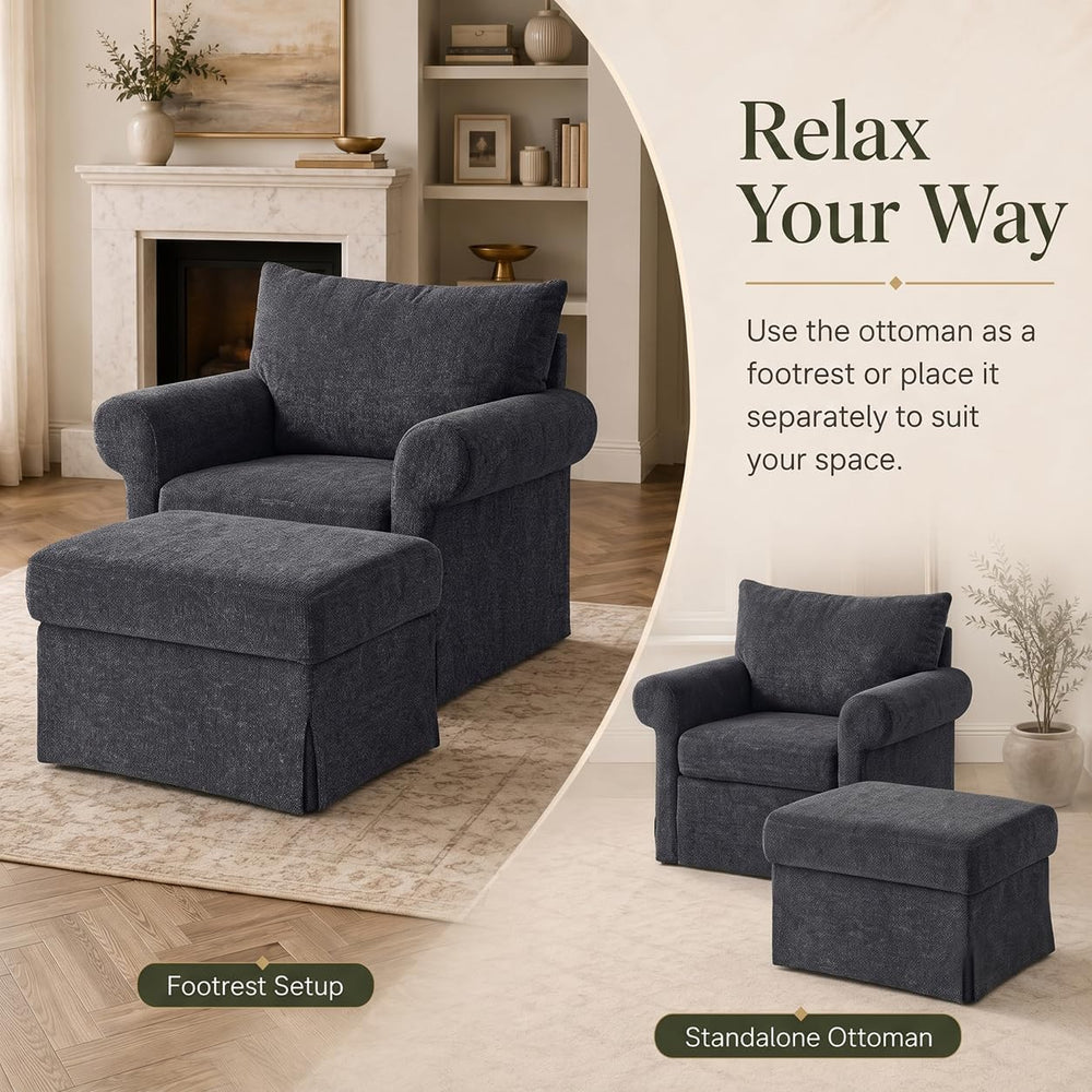 35.82" Oversized Accent Chair with Ottoman, Chenille Armchair, Gray | Ac...
