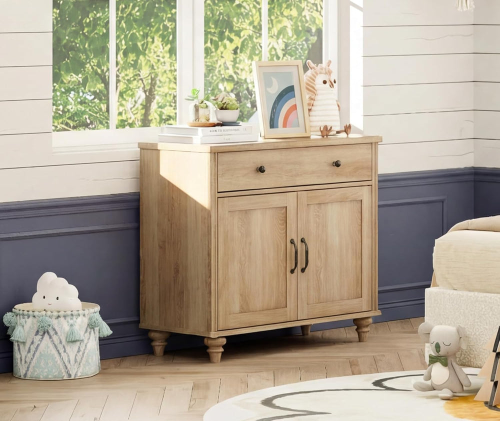 WAMPAT 34’‘ Oak Buffet Cabinet with Doors and Drawer, Wood Kitchen Storage Ca...