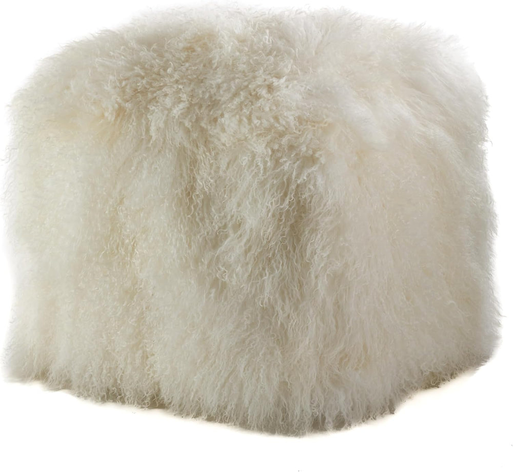 SARO LIFESTYLE Mongolian Lamb Wool Pouf Ottoman – Ivory, 18” x 18” x 16” with...