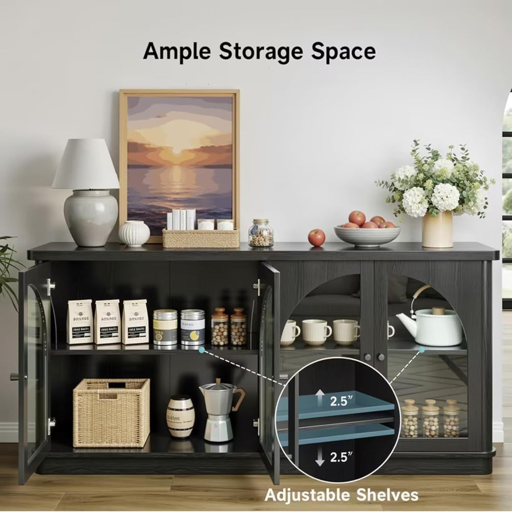 ONBRILL 63 Inch Sideboard Buffet Cabinet with Glass Doors and 4 Doors Black