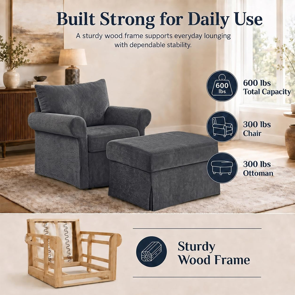 35.82" Oversized Accent Chair with Ottoman, Chenille Armchair, Gray | Ac...