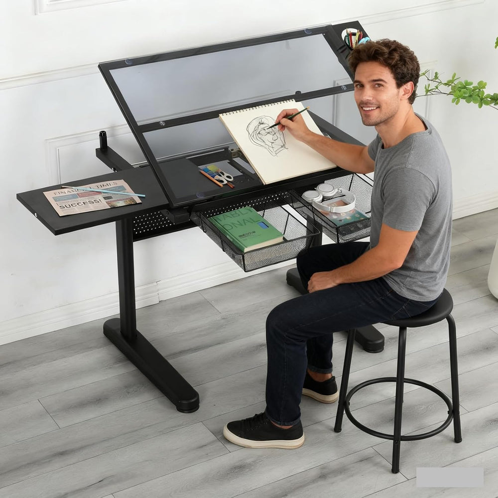 Drafting Desk with Stool, Upgraded Hand Crank Adjustable Height Art Table wit...