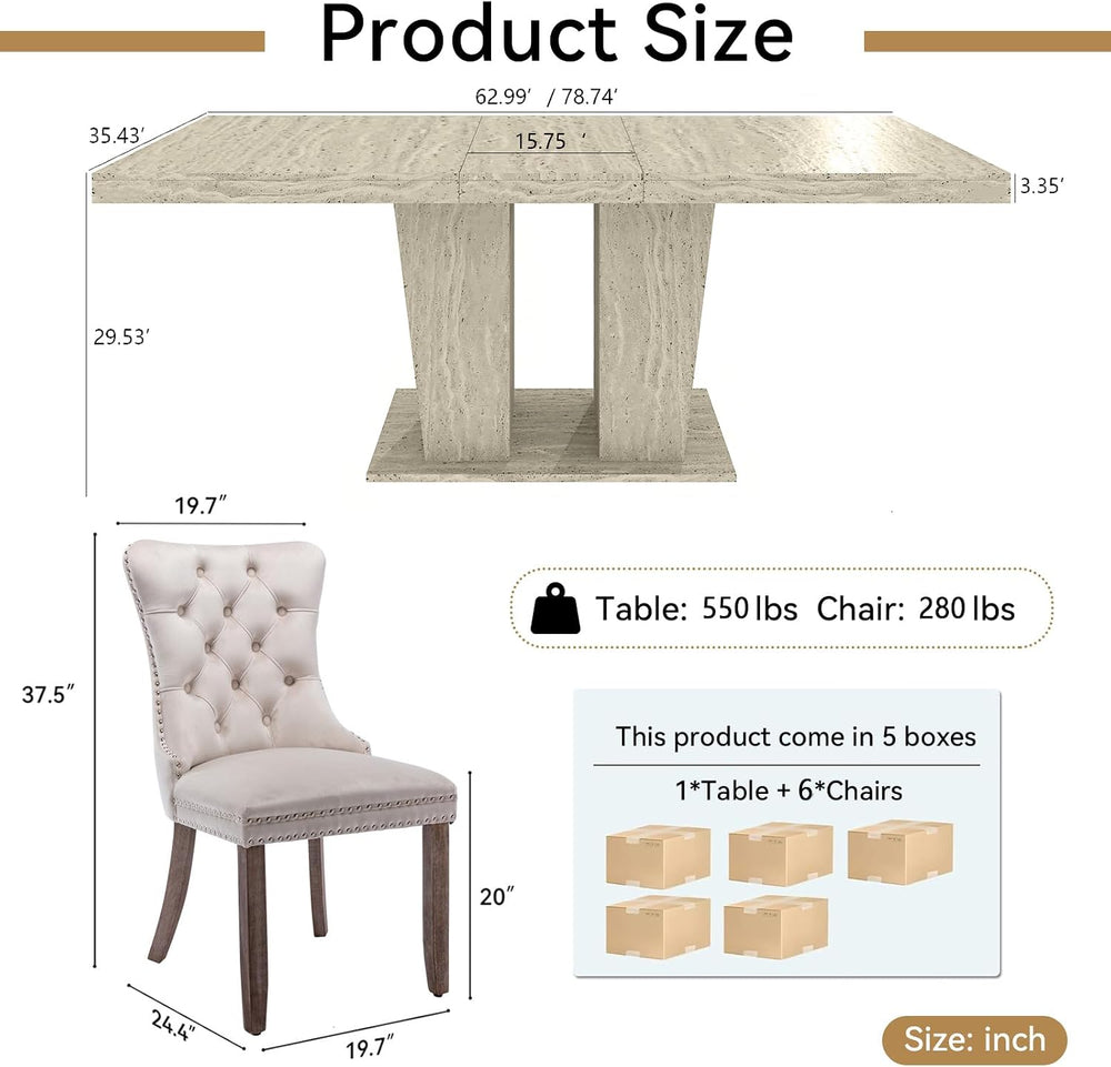 Modern Extendable Dining Table Set for 6, 78.74" Faux Travertine Expanda...