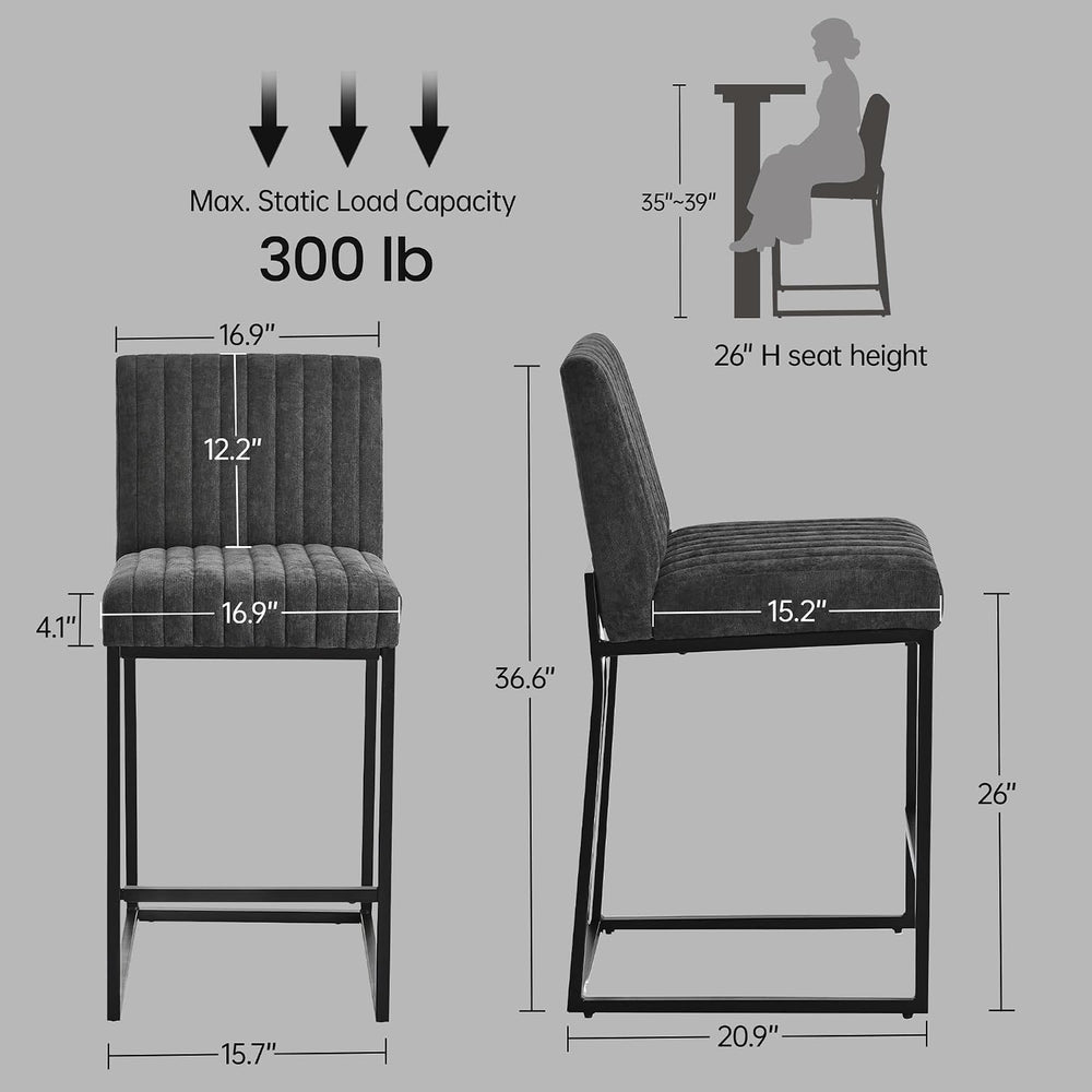 VKNOW 26" Modern Upholstered Counter Height Bar Stools Set of 2, Dark Grey