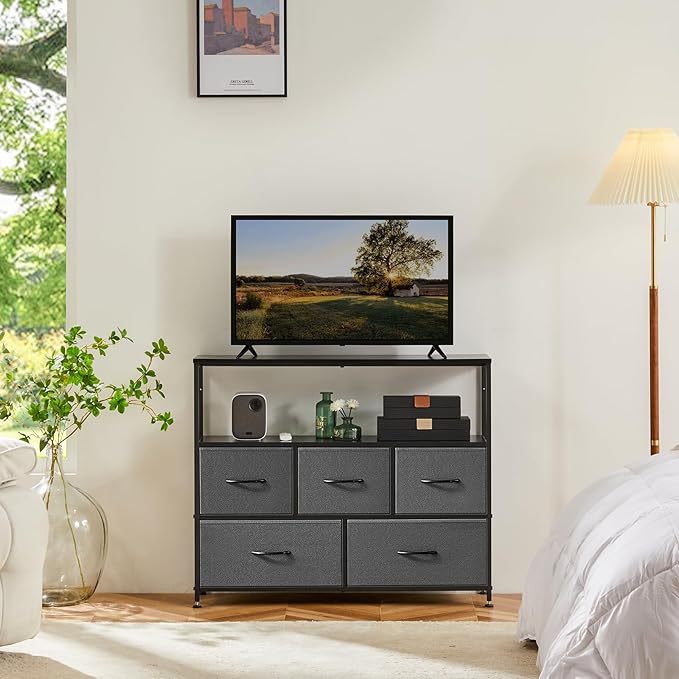 DUMOS TV Stand, Dresser with 5 Fabric Storage Drawers, Media Console Featurin...