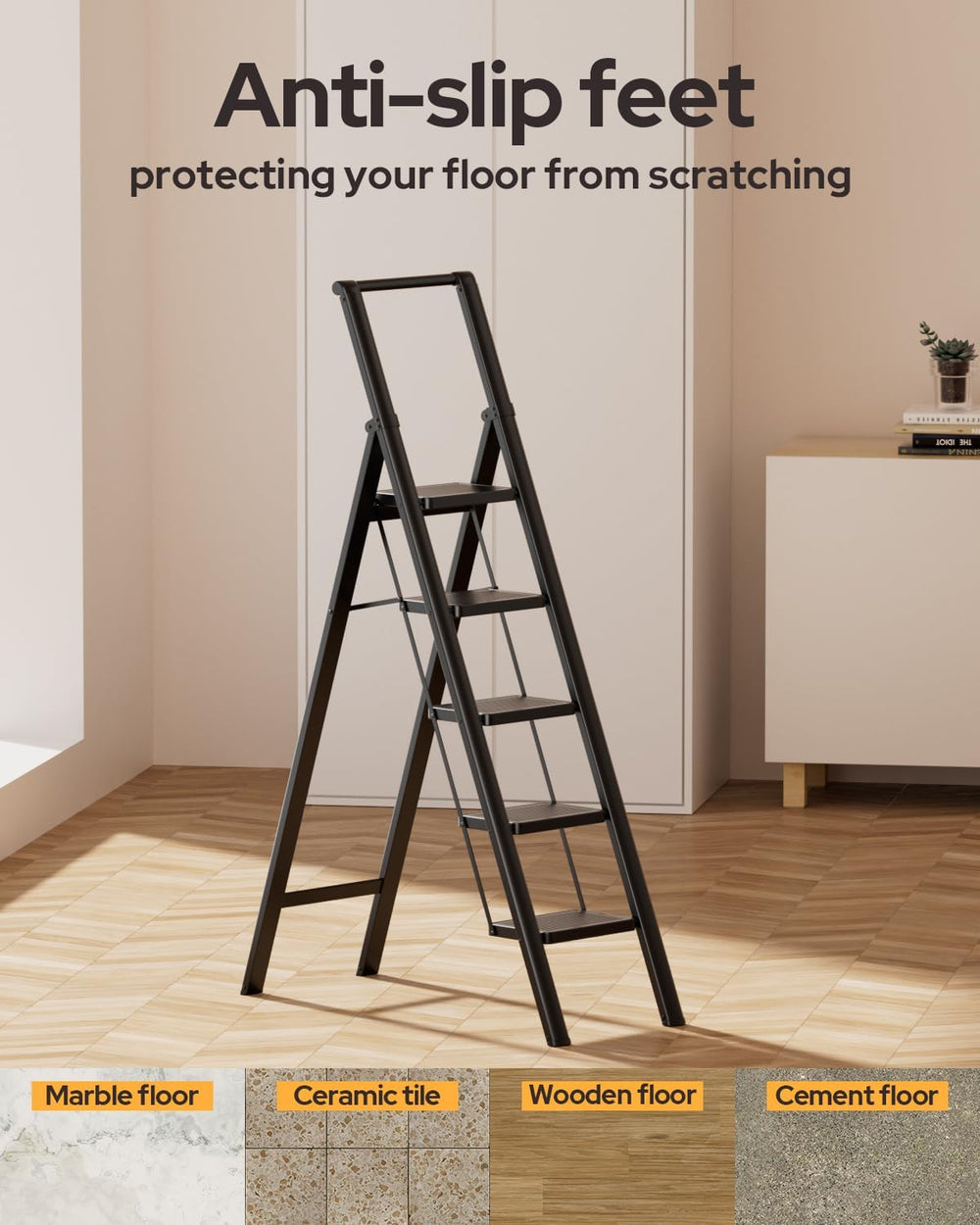 5 Step Ladder, Foldable 5 Step Stool, Black