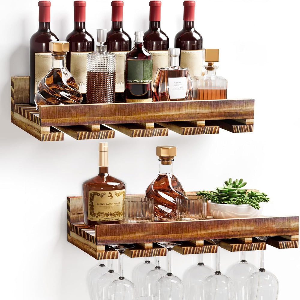 Homde Wall Mounted Wine Rack: 2-Pack Pine Wood Bar Shelf Set | Wine Storage f...
