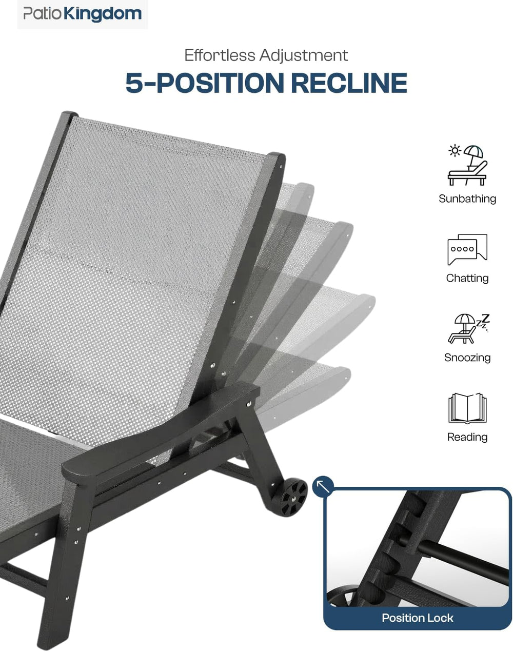 HDPE 5 Positions Chaise Lounge Outdoor Set of 2 with Wheels, Grey Textilene F...