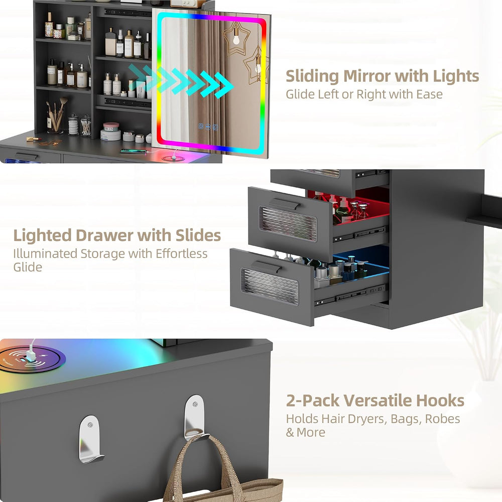Gurexl RGB Vanity Desk with Sliding Mirror and Lights,Glass Top Makeup Vanity...