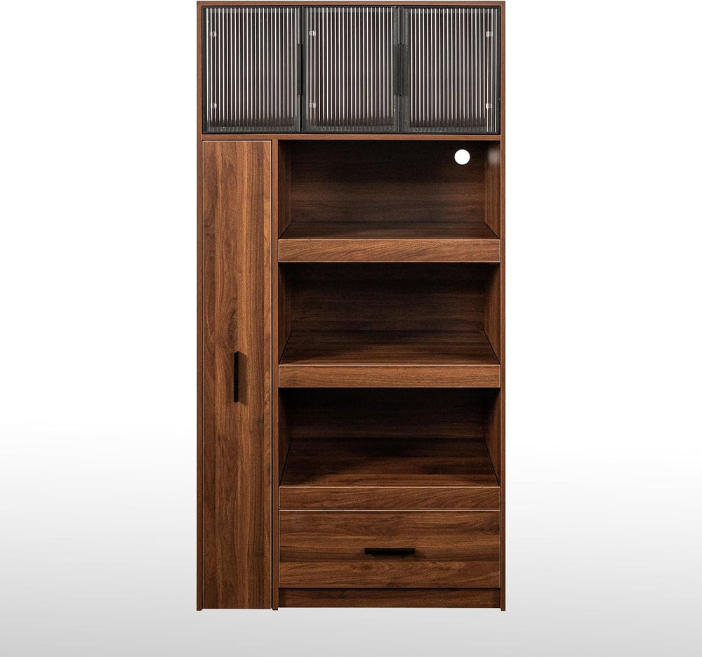 Tall Kitchen Hutch Cabinet with Pull-out Shelves & Drawer Freestanding Pa...