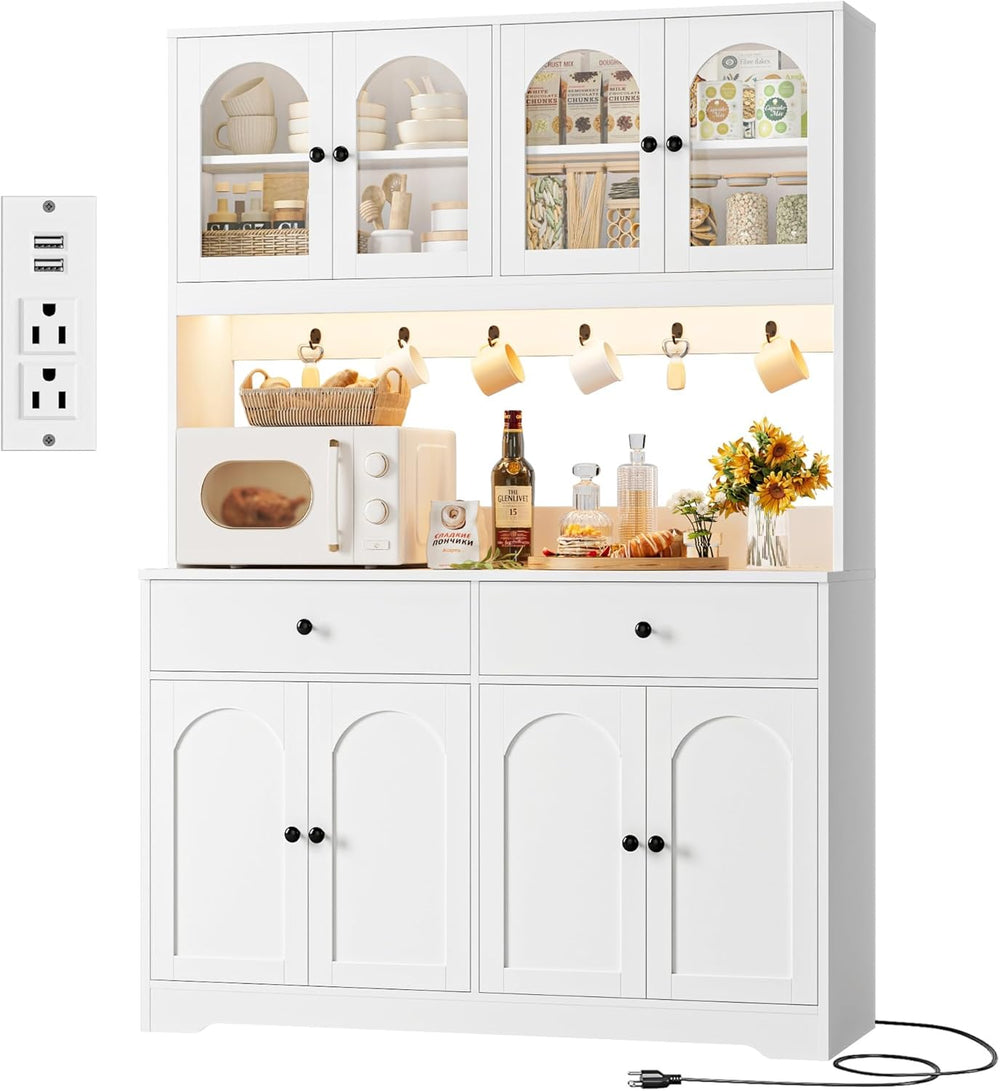 HIFIT 71" LED Kitchen Pantry Cabinet with Power Outlet, Tall Hutch, White