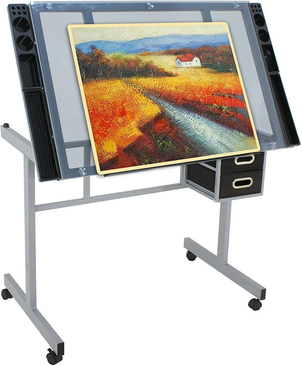HomGarden Adjustable Drafting Drawing Table Desk Tempered Rolling Glass Top A...