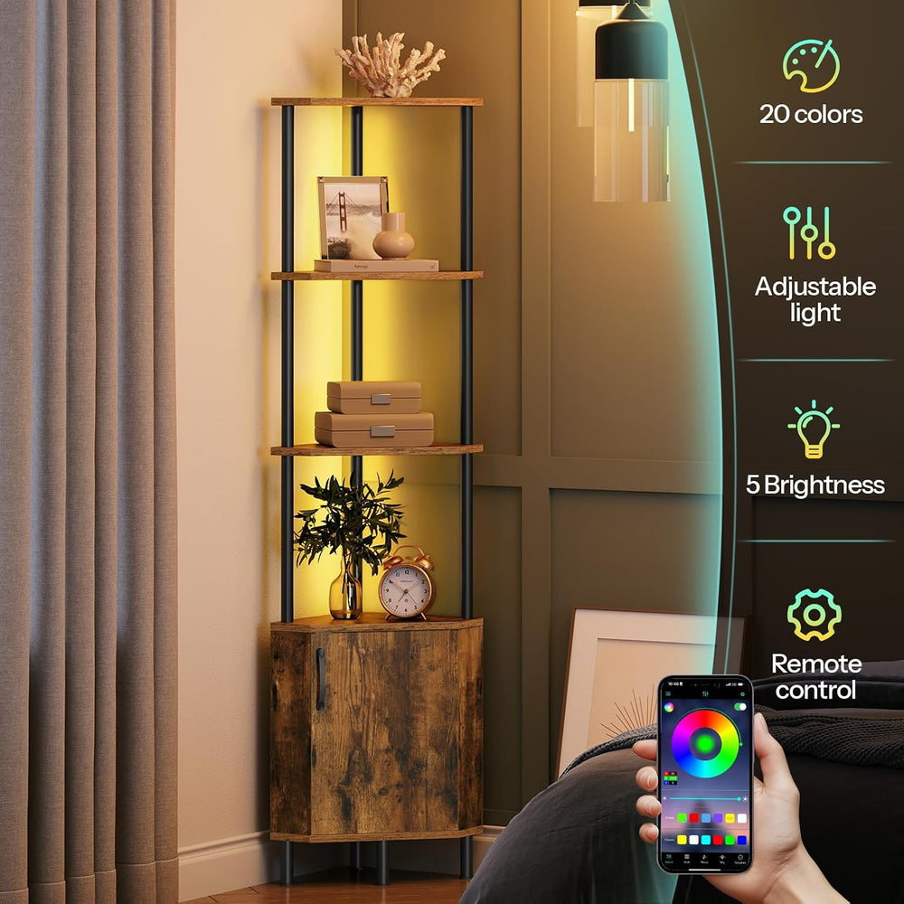 HOOBRO Corner Cabinet with LED Light, Corner Shelf Stand with Storage and Doo...
