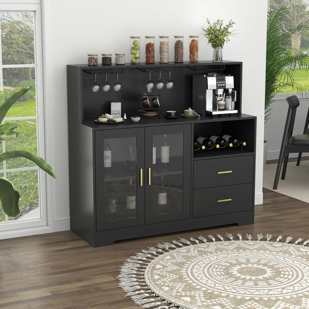 Bar Cabinet for Home with LED Light,Coffee Bar Cabinet w/ Wine & Glass Ra...