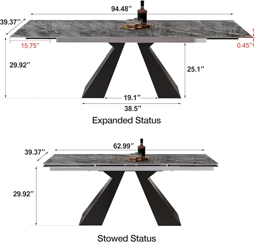 Telescoping Faux Marble Table 63-94.49" Adjustable Length 8-10 People He...